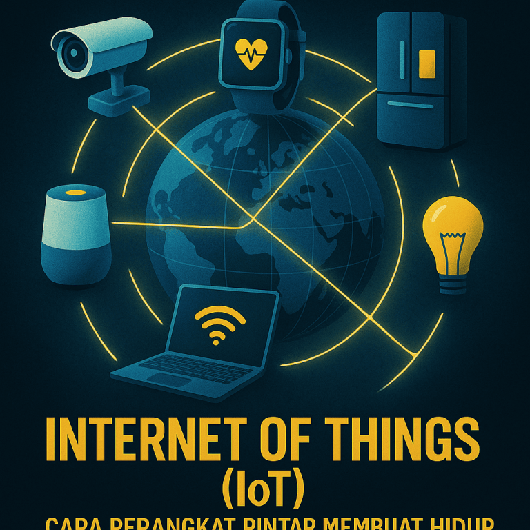 Ilustrasi digital futuristik Internet of Things (IoT) dengan perangkat pintar seperti smartphone, smartwatch, smart home, mobil pintar, dan sensor yang saling terhubung dalam jaringan global.