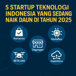menampilkan lima ikon startup teknologi Indonesia yaitu Komerce, Dagangan, Nodeflux, BETA UAS, dan HashMicro, serta judul besar '5 Startup Teknologi Indonesia yang Sedang Naik Daun di Tahun 2025'.