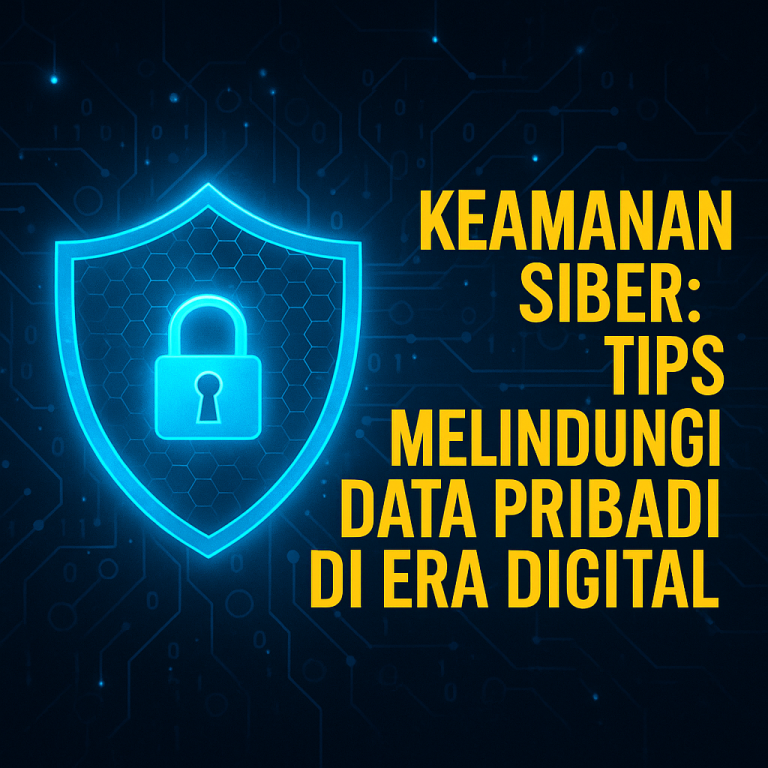 Ilustrasi digital bertema keamanan siber menampilkan gembok hologram dengan jaringan data biru futuristik sebagai simbol perlindungan data pribadi.