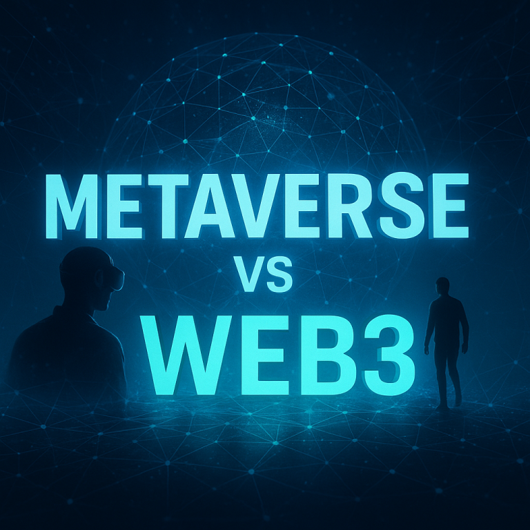 Ilustrasi futuristik Metaverse vs Web3 dengan siluet manusia, jaringan digital holografis, dan cahaya neon biru yang modern.