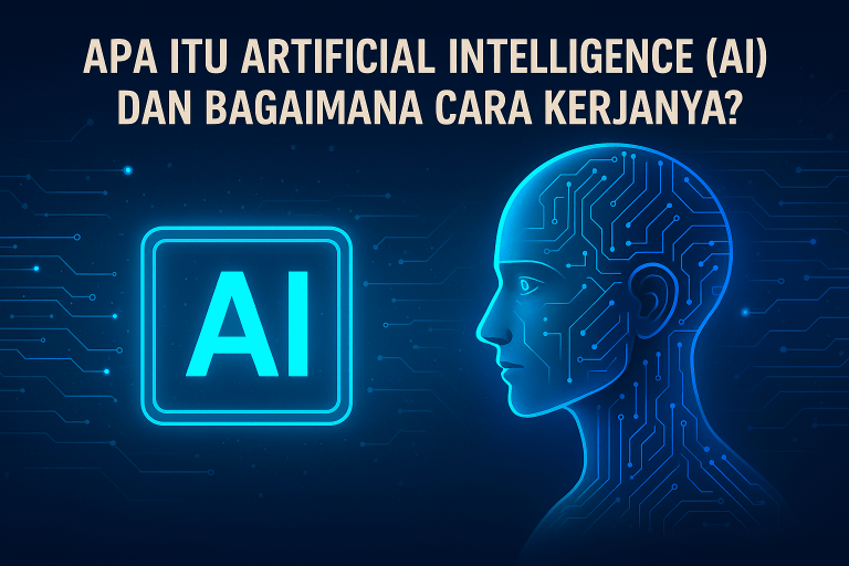 Ilustrasi futuristik Artificial Intelligence menampilkan wajah digital manusia dengan pola sirkuit biru neon dan tulisan AI di latar teknologi modern.