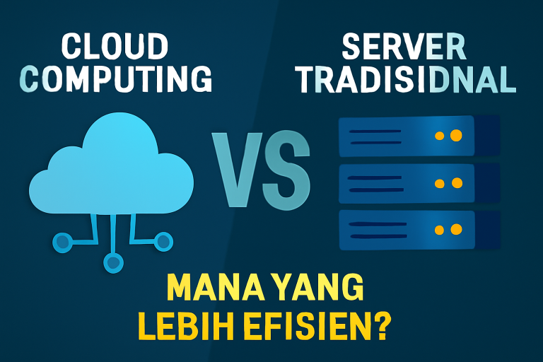 perbandingan antara Cloud Computing dan Server Tradisional, dengan ikon cloud computing di kiri dan server tradisional di kanan. Teks 'Mana yang Lebih Efisien?' di bagian bawah, dengan desain modern dan minimalis.