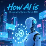 Ilustrasi robot AI di kantor modern tahun 2025