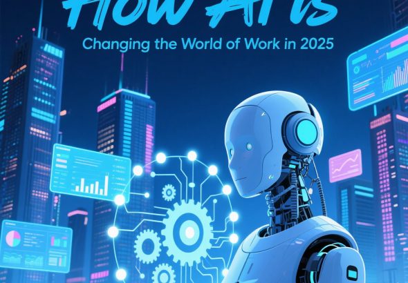 Ilustrasi robot AI di kantor modern tahun 2025