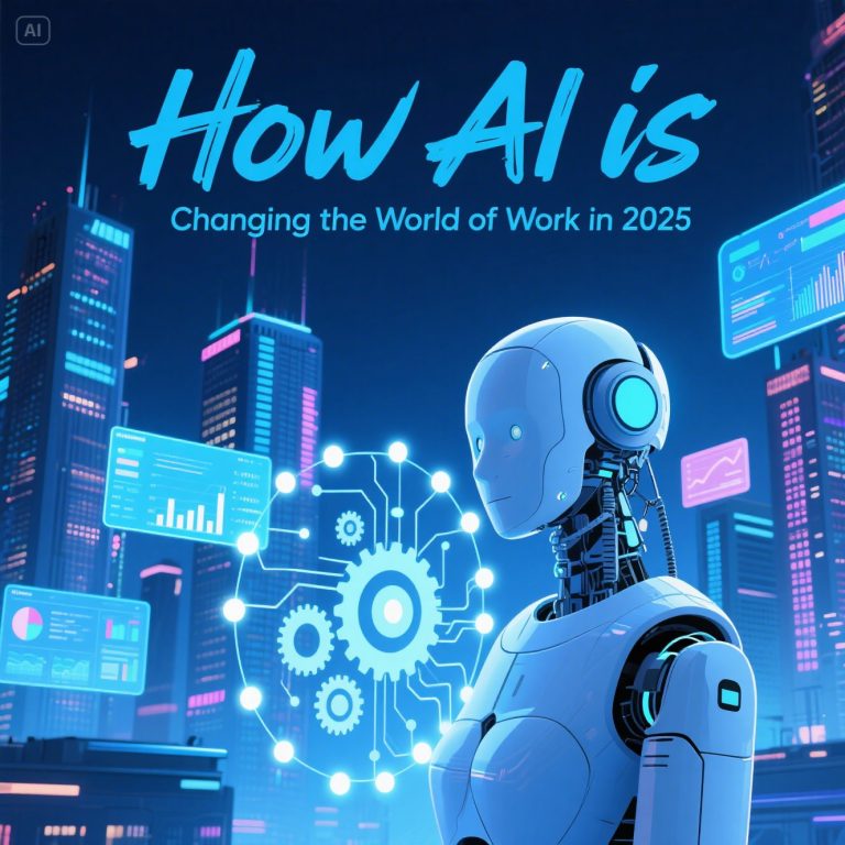 Ilustrasi robot AI di kantor modern tahun 2025