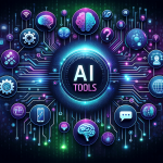 Ilustrasi digital dengan tulisan "5 Tools AI Gratis untuk Produktivitas Harian", menampilkan ikon laptop, ponsel, dan simbol AI seperti otak digital, lampu ide, serta grafik kerja dengan latar belakang modern berwarna cerah.