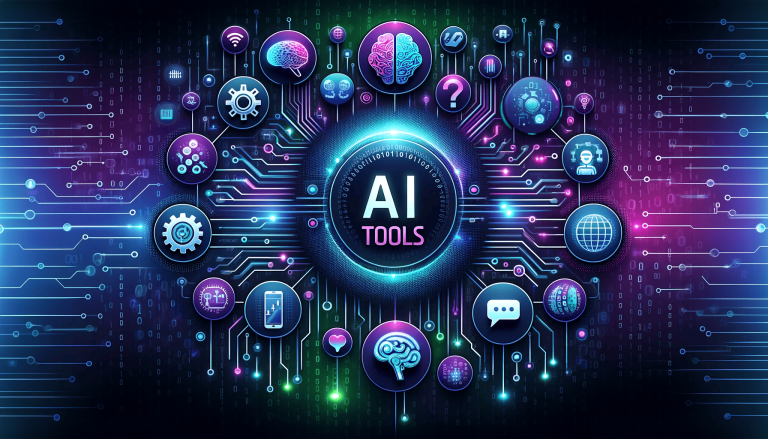 Ilustrasi digital dengan tulisan "5 Tools AI Gratis untuk Produktivitas Harian", menampilkan ikon laptop, ponsel, dan simbol AI seperti otak digital, lampu ide, serta grafik kerja dengan latar belakang modern berwarna cerah.