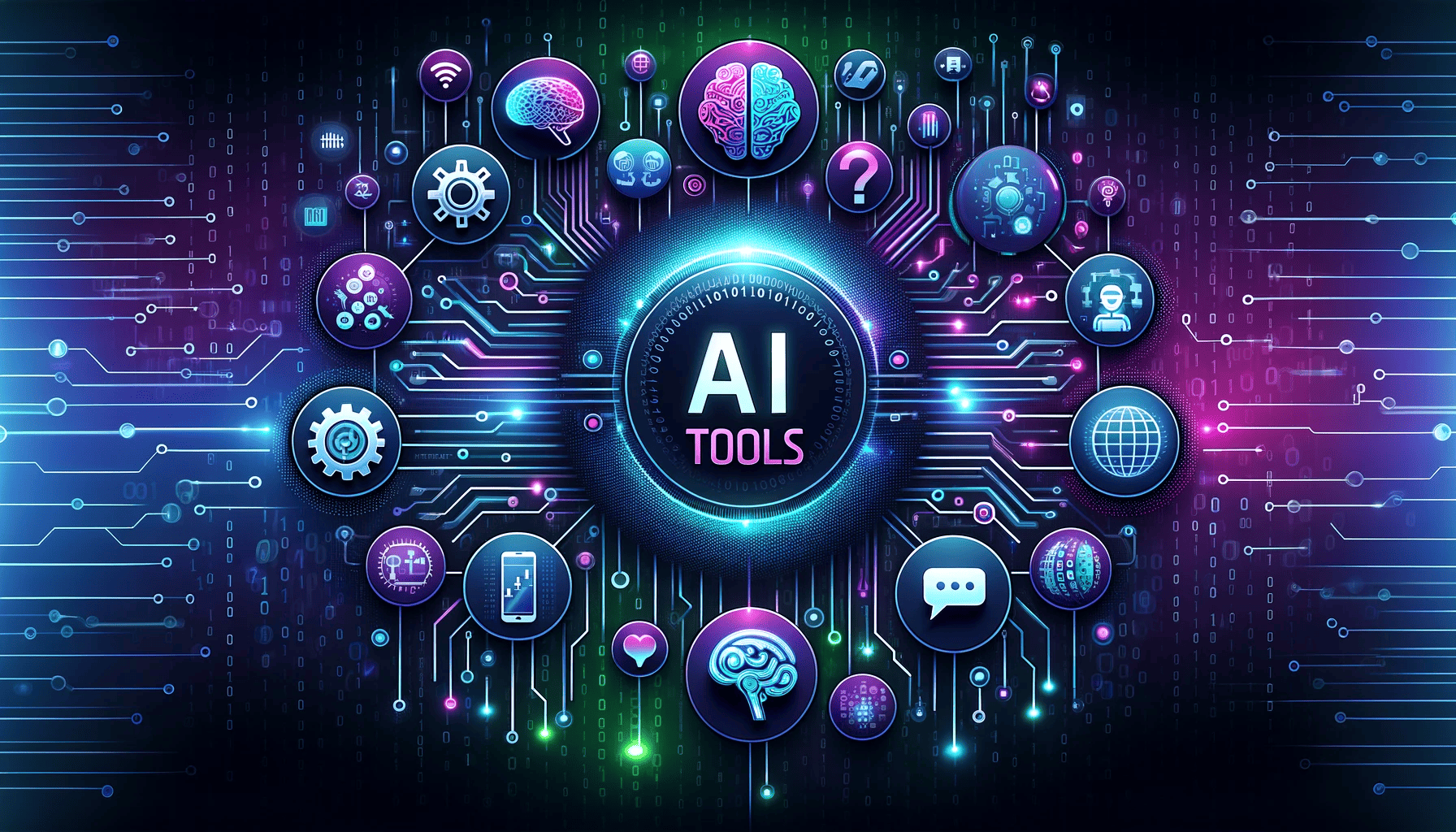 Ilustrasi digital dengan tulisan "5 Tools AI Gratis untuk Produktivitas Harian", menampilkan ikon laptop, ponsel, dan simbol AI seperti otak digital, lampu ide, serta grafik kerja dengan latar belakang modern berwarna cerah.