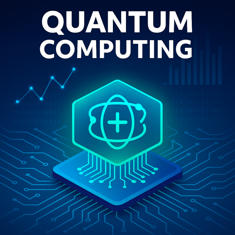 uantum computing menampilkan chip kuantum bercahaya hijau biru dengan simbol atom di atas papan sirkuit digital futuristik, dikelilingi grafik dan kode biner.