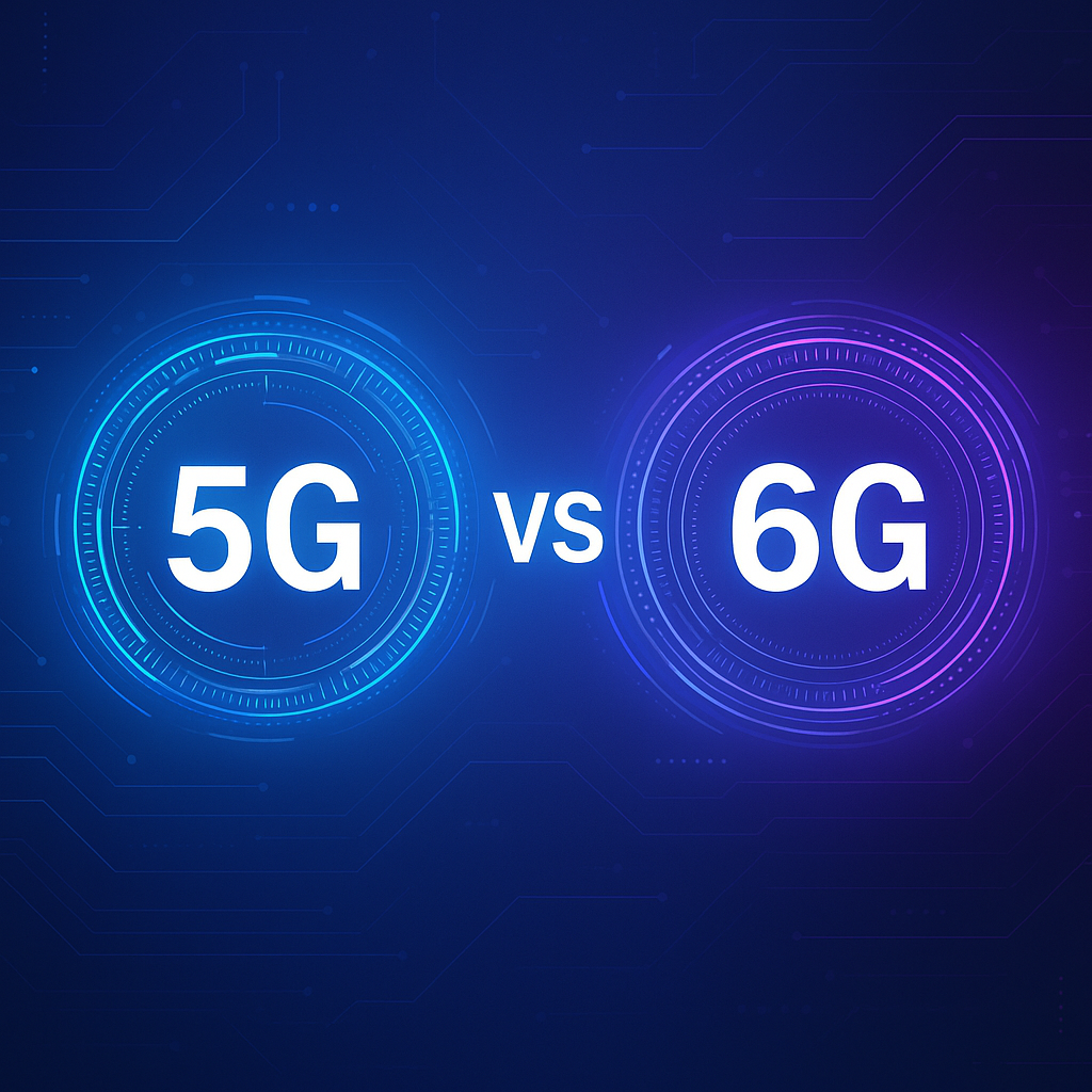 Ilustrasi futuristik perbandingan teknologi 5G vs 6G dengan nuansa neon biru dan ungu dalam latar digital modern.