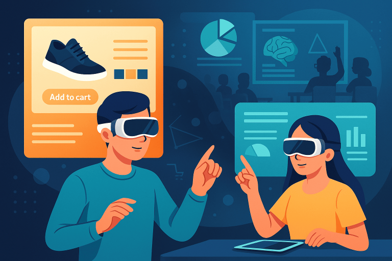 Ilustrasi modern menampilkan seorang pria mencoba sepatu secara virtual dengan AR shopping, dan seorang wanita menggunakan AR untuk belajar anatomi otak di kelas, dengan latar futuristik penuh grafik digital.