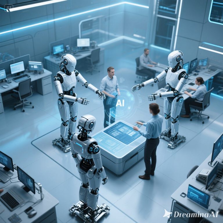 Ilustrasi futuristik menampilkan robot humanoid dan manusia bekerja sama di meja digital dengan data holografik, menggambarkan kolaborasi AI dan tenaga kerja masa depan.