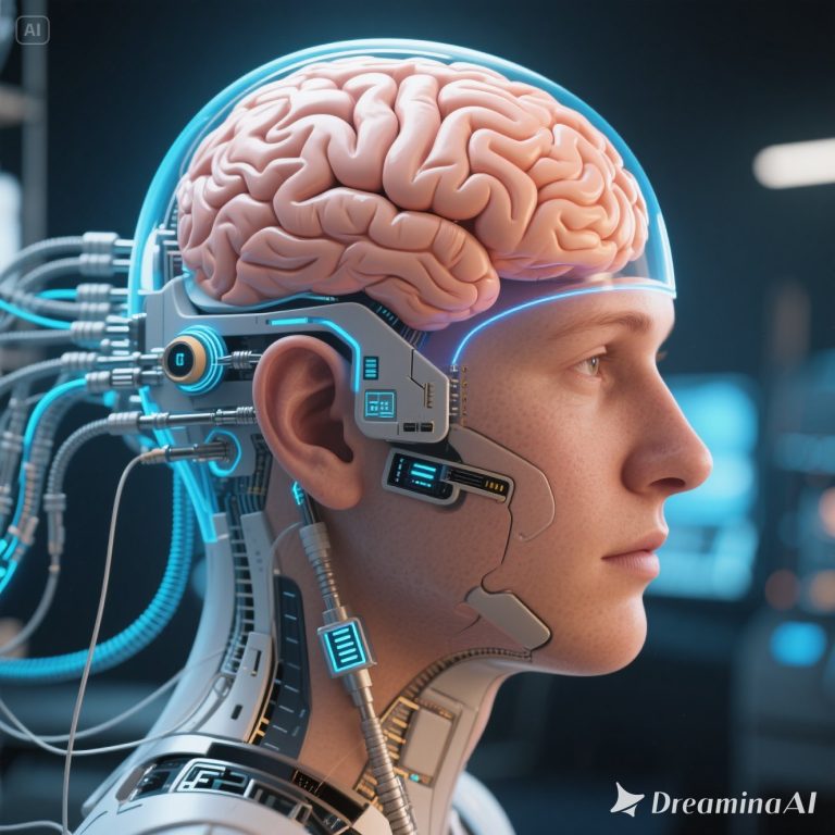 Ilustrasi digital menampilkan otak manusia yang terhubung dengan sirkuit komputer dan jaringan digital, melambangkan Brain-Computer Interface dan inovasi neurotechnology.