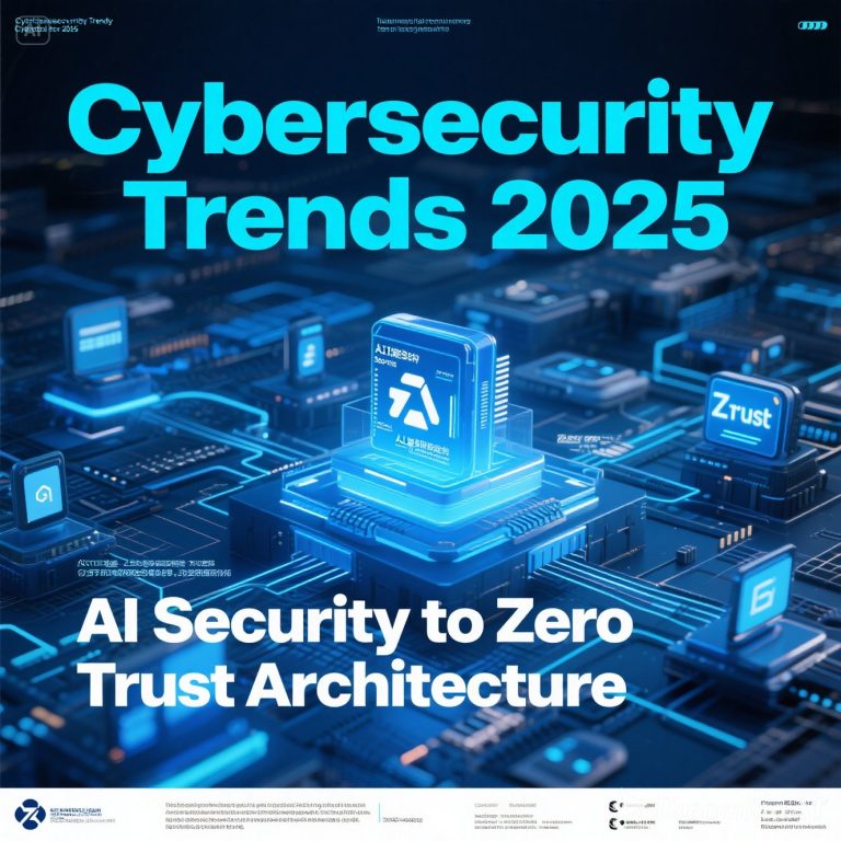 Ilustrasi digital flat-style bertema cybersecurity trends 2025, menampilkan ikon AI di dalam perisai, simbol Zero Trust, cloud security, IoT, dan ransomware di atas latar biru dengan pola sirkuit.