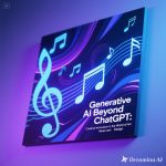 Ilustrasi futuristik yang menggambarkan peran generative AI di dunia kreatif, dengan elemen seni digital, notasi musik, dan desain visual modern yang diproyeksikan secara imajinatif.