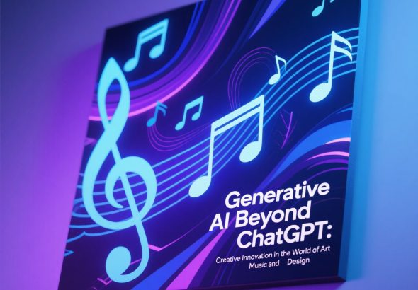 Ilustrasi futuristik yang menggambarkan peran generative AI di dunia kreatif, dengan elemen seni digital, notasi musik, dan desain visual modern yang diproyeksikan secara imajinatif.