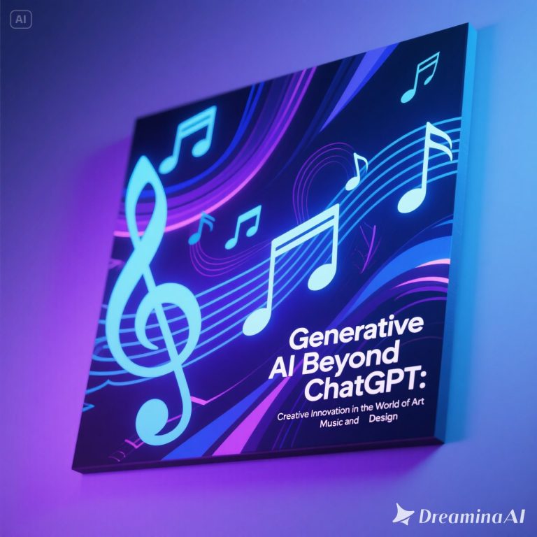 Ilustrasi futuristik yang menggambarkan peran generative AI di dunia kreatif, dengan elemen seni digital, notasi musik, dan desain visual modern yang diproyeksikan secara imajinatif.