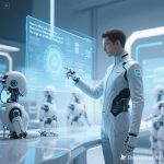 Ilustrasi futuristik menampilkan robot humanoid berdiri di depan simbol timbangan hukum dan data digital, merepresentasikan dilema moral dan etika dalam penggunaan kecerdasan buatan.