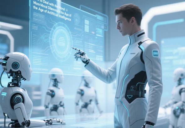 Ilustrasi futuristik menampilkan robot humanoid berdiri di depan simbol timbangan hukum dan data digital, merepresentasikan dilema moral dan etika dalam penggunaan kecerdasan buatan.