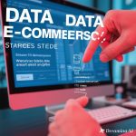 Ilustrasi digital menampilkan laptop e-commerce dengan grafik penjualan, ikon keranjang belanja, dan simbol Big Data yang terhubung seperti jaringan digital, merepresentasikan strategi analitik cerdas dalam e-commerce.