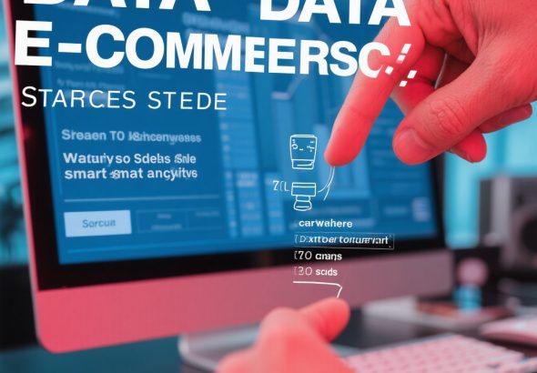 Ilustrasi digital menampilkan laptop e-commerce dengan grafik penjualan, ikon keranjang belanja, dan simbol Big Data yang terhubung seperti jaringan digital, merepresentasikan strategi analitik cerdas dalam e-commerce.