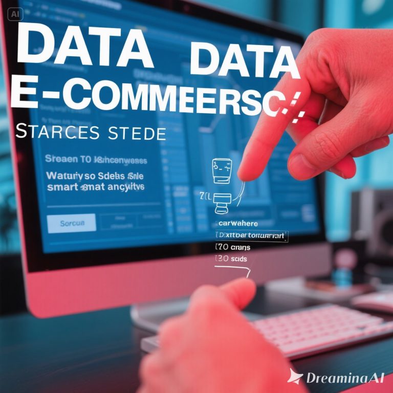 Ilustrasi digital menampilkan laptop e-commerce dengan grafik penjualan, ikon keranjang belanja, dan simbol Big Data yang terhubung seperti jaringan digital, merepresentasikan strategi analitik cerdas dalam e-commerce.