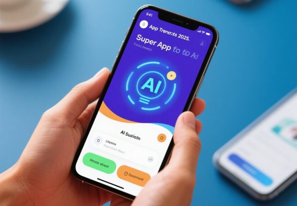 Ilustrasi tren aplikasi mobile 2025 menampilkan super app, AI assistant, AR/VR, serta inovasi teknologi digital.