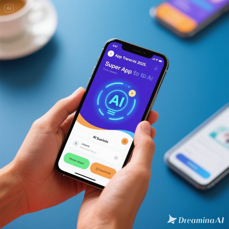 Ilustrasi tren aplikasi mobile 2025 menampilkan super app, AI assistant, AR/VR, serta inovasi teknologi digital.