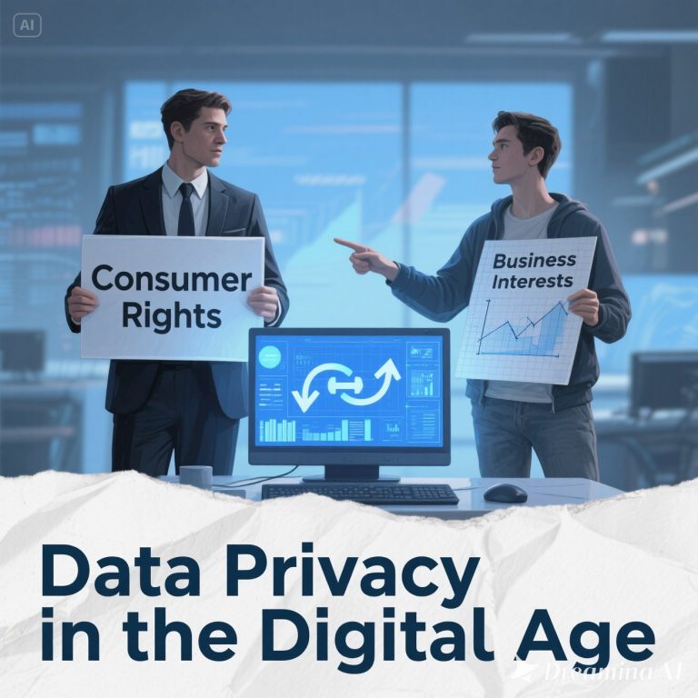 Ilustrasi privasi data di era digital dengan simbol gembok, database, dan interaksi antara konsumen dan bisnis.