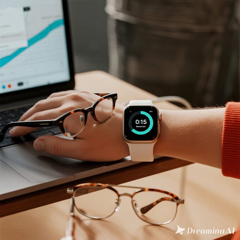 Ilustrasi smartwatch, fitness tracker, earbuds, dan kacamata AR sebagai contoh teknologi wearable modern.