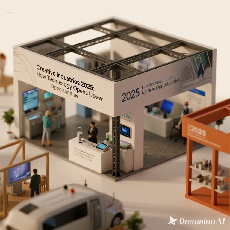 Ilustrasi industri kreatif 2025 dengan AI, AR/VR, NFT, dan seniman digital yang berkolaborasi.