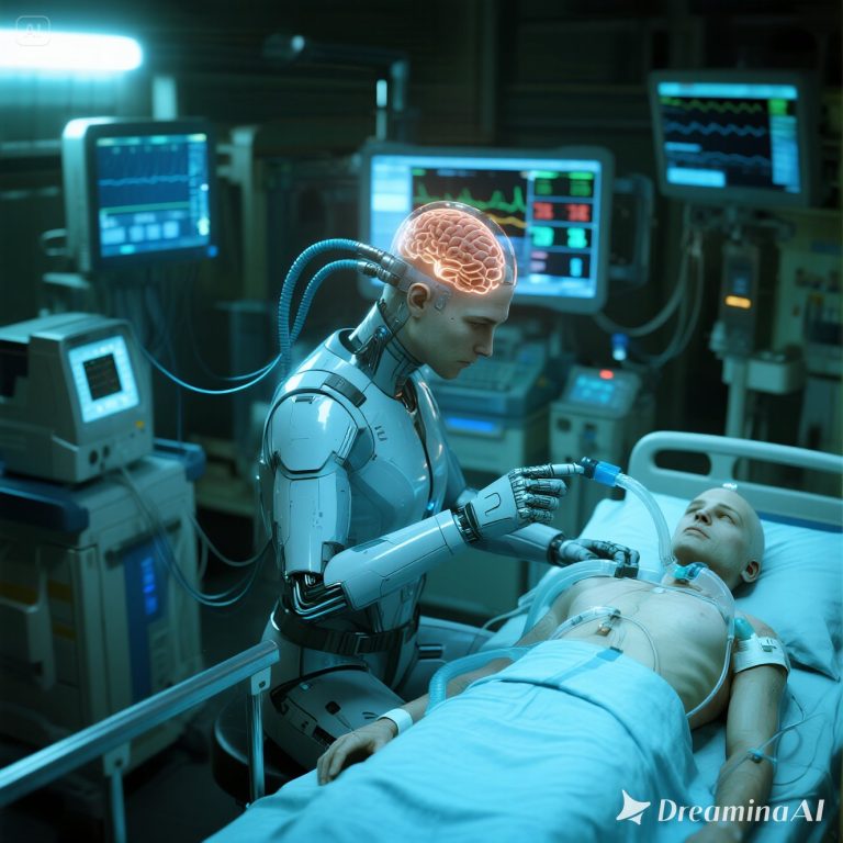 Ilustrasi dokter menggunakan teknologi AI dalam analisis medis dengan layar digital dan data kesehatan pasien.