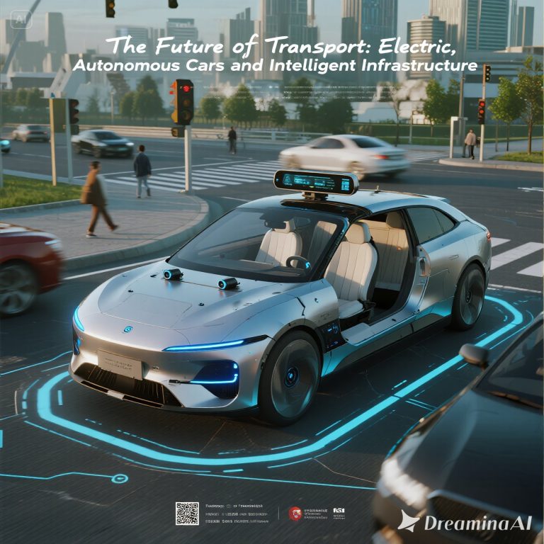 Ilustrasi mobil listrik dan kendaraan otonom berjalan di jalan pintar dengan infrastruktur digital modern.