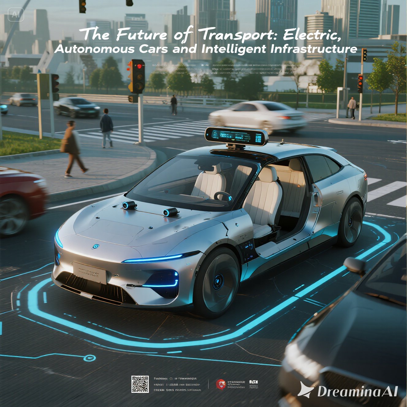 Ilustrasi mobil listrik dan kendaraan otonom berjalan di jalan pintar dengan infrastruktur digital modern.