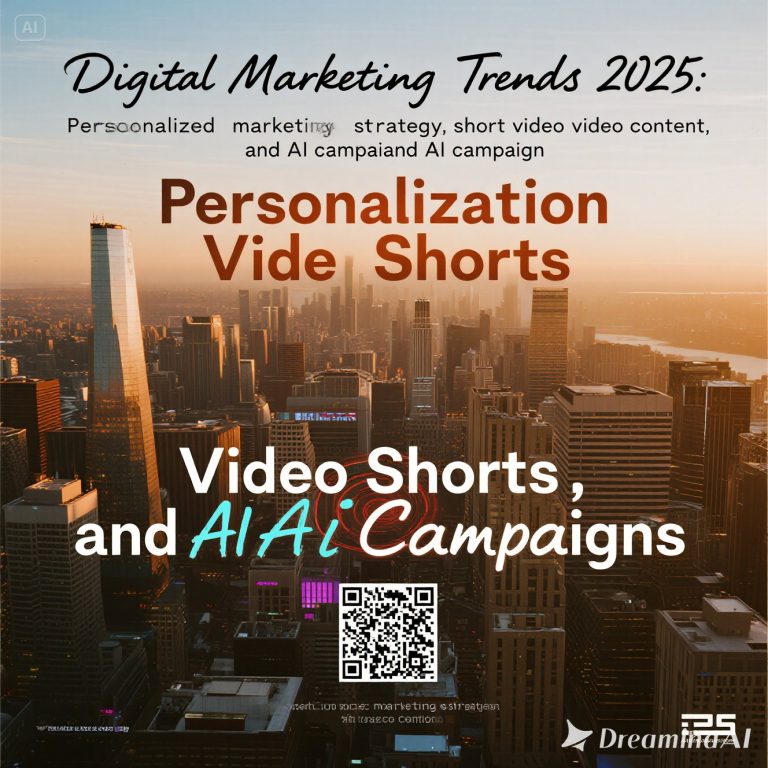 Ilustrasi tren digital marketing 2025 dengan ikon personalisasi, video shorts, dan AI campaigns.