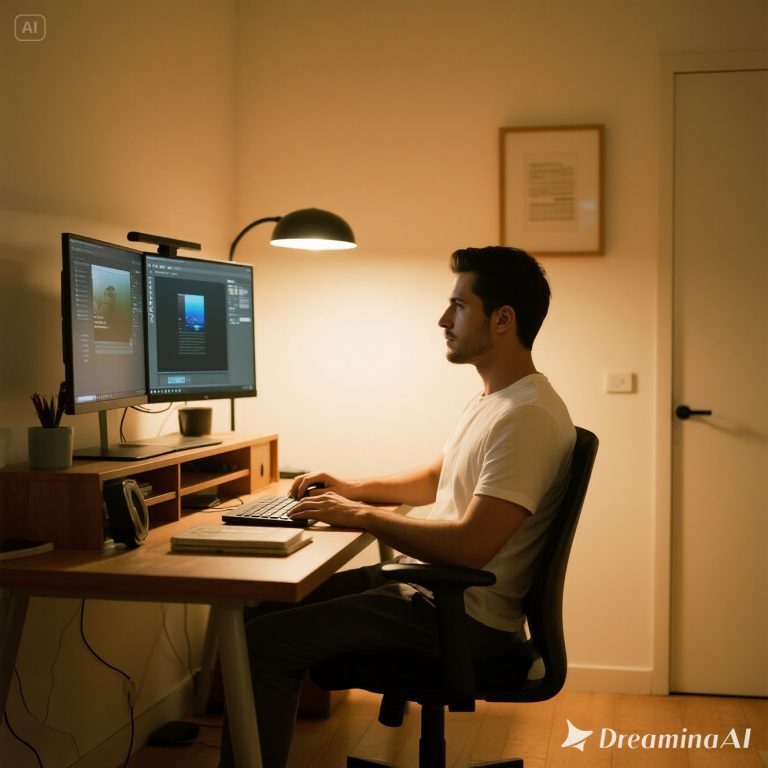 Ilustrasi kerja hybrid modern dengan teknologi cloud, AI, dan meeting virtual.