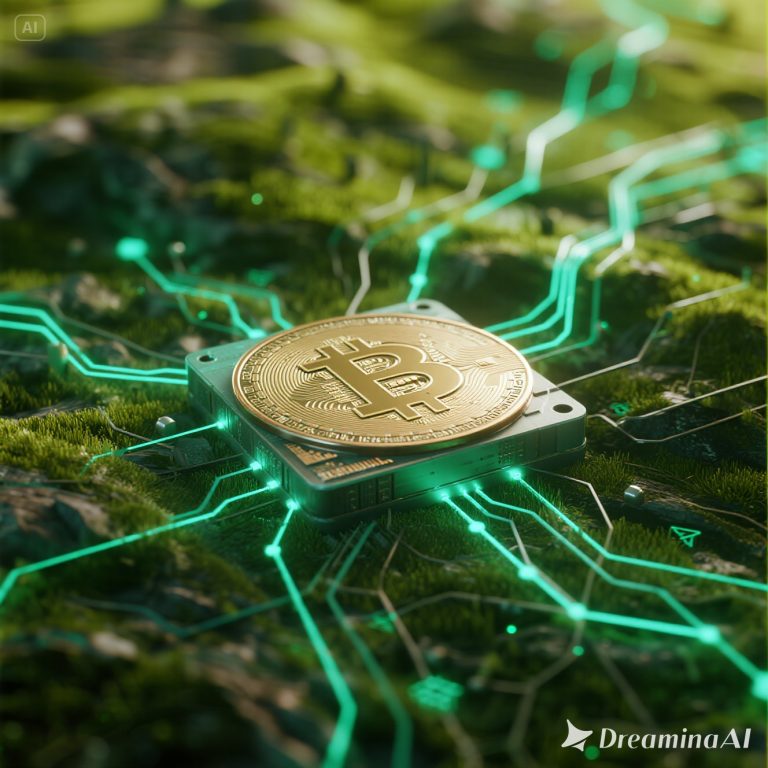 Ilustrasi blockchain hijau dengan simbol energi terbarukan dan lingkungan.