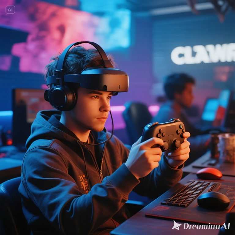 Kolase masa depan gaming dengan cloud gaming, headset VR, dan dunia MMO virtual.
