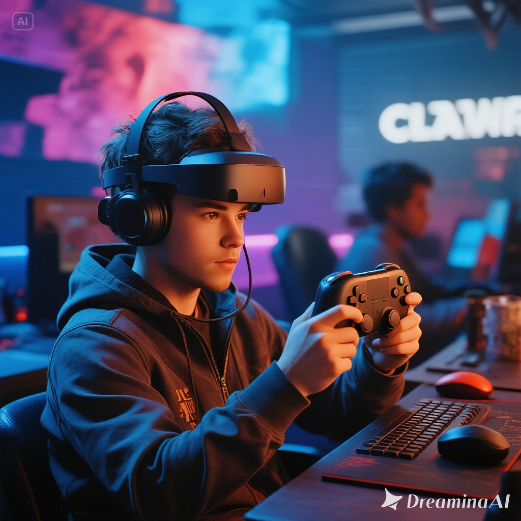 Kolase masa depan gaming dengan cloud gaming, headset VR, dan dunia MMO virtual.