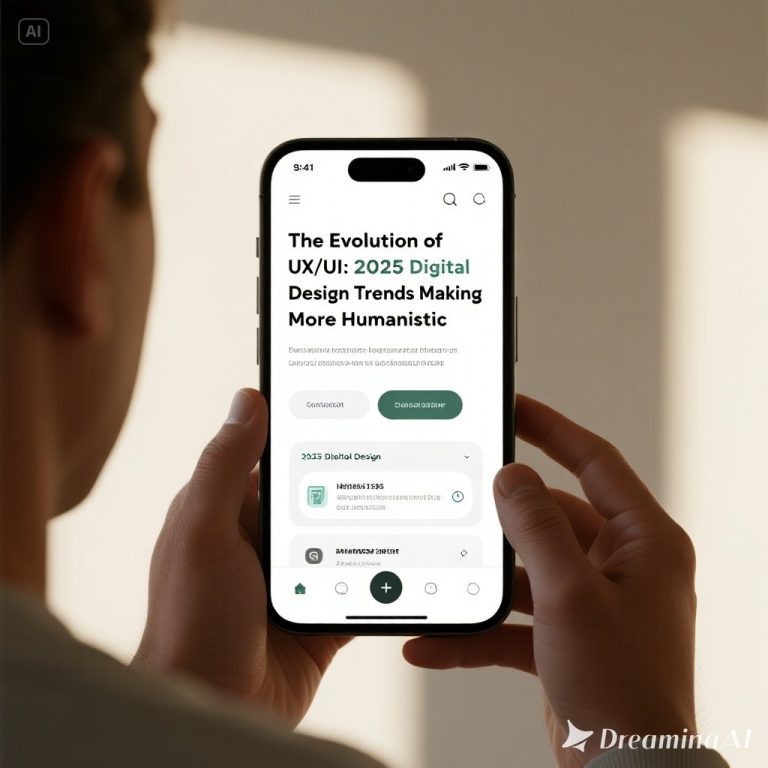 Kolase desain UX/UI modern dengan AI, AR, dan interaksi humanis.