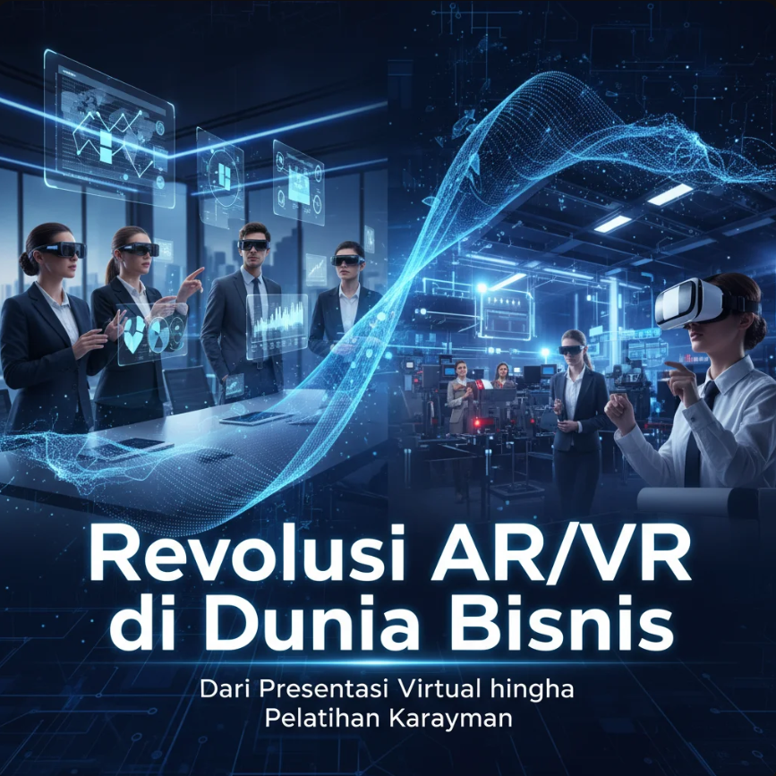 Tim bisnis menggunakan headset VR dalam ruang rapat virtual sambil berinteraksi dengan presentasi digital 3D.