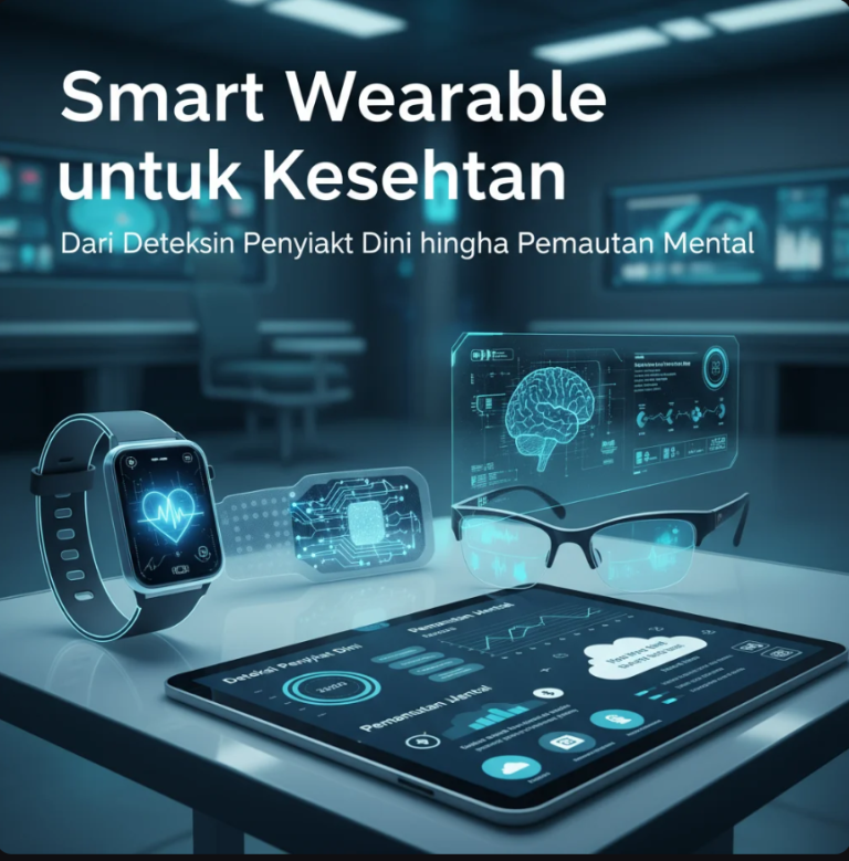 Smartwatch dan smart ring dengan tampilan data detak jantung dan stres pengguna di latar futuristik.