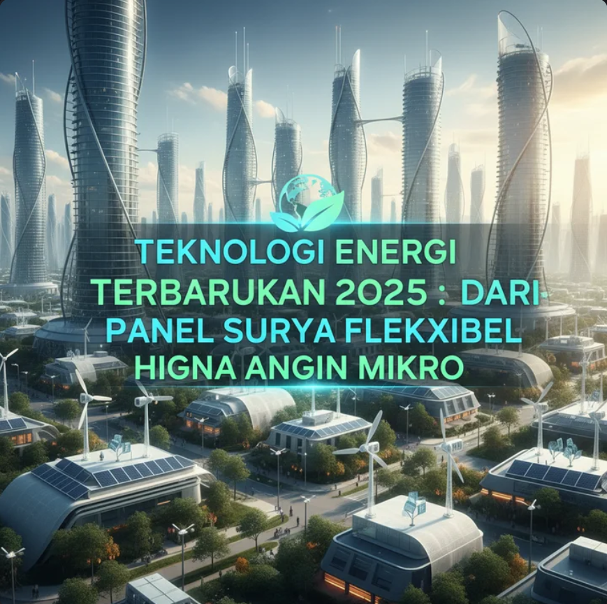 Panel surya fleksibel dan turbin angin mikro di atap gedung kota modern dengan langit biru cerah.
