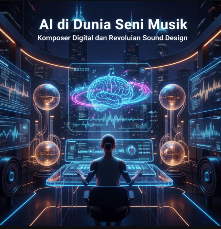 Komposer digital AI menciptakan musik dengan antarmuka hologram dan elemen suara futuristik di studio modern.