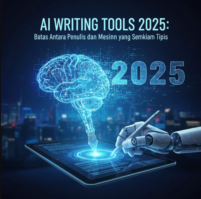 Seorang penulis duduk di depan layar holografik dengan tangan manusia dan tangan robot menulis bersama di kertas digital.