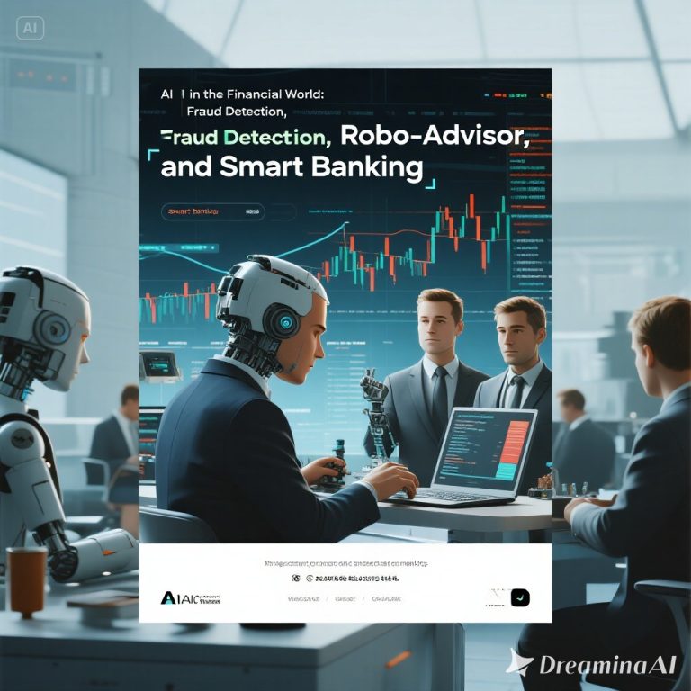 Ilustrasi AI dalam dunia finansial dengan simbol bank digital, data, dan keamanan transaksi.