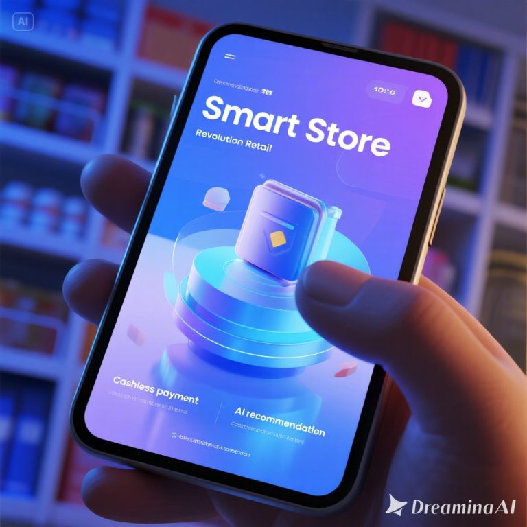 Ilustrasi smart store modern dengan pembayaran cashless dan rekomendasi belanja berbasis AI.