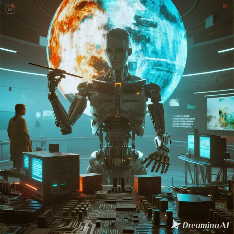 Ilustrasi kolaborasi seniman manusia dan AI dalam menciptakan karya seni digital.