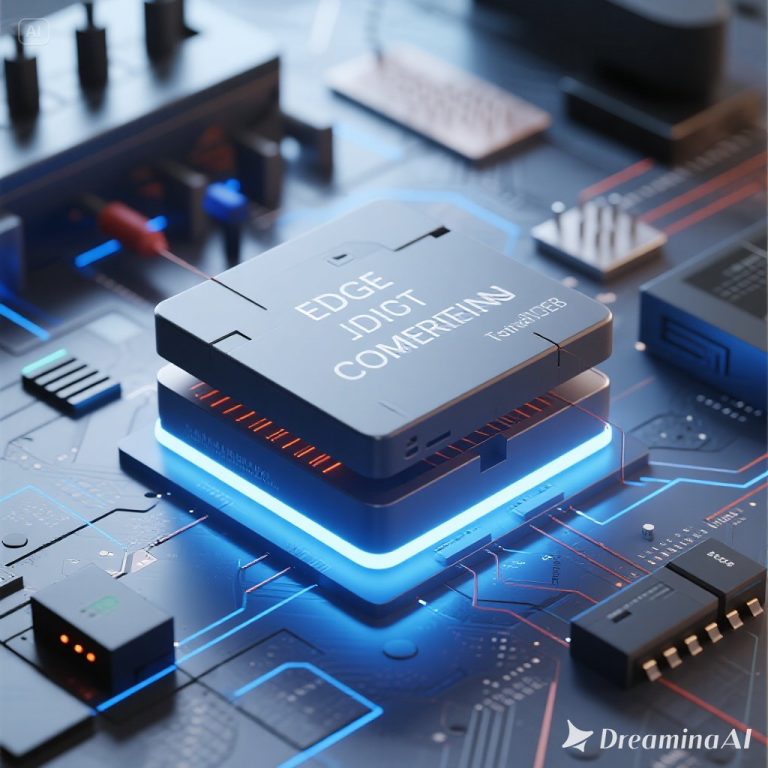 Ilustrasi edge computing dengan perangkat IoT, server lokal, dan jaringan real-time.
