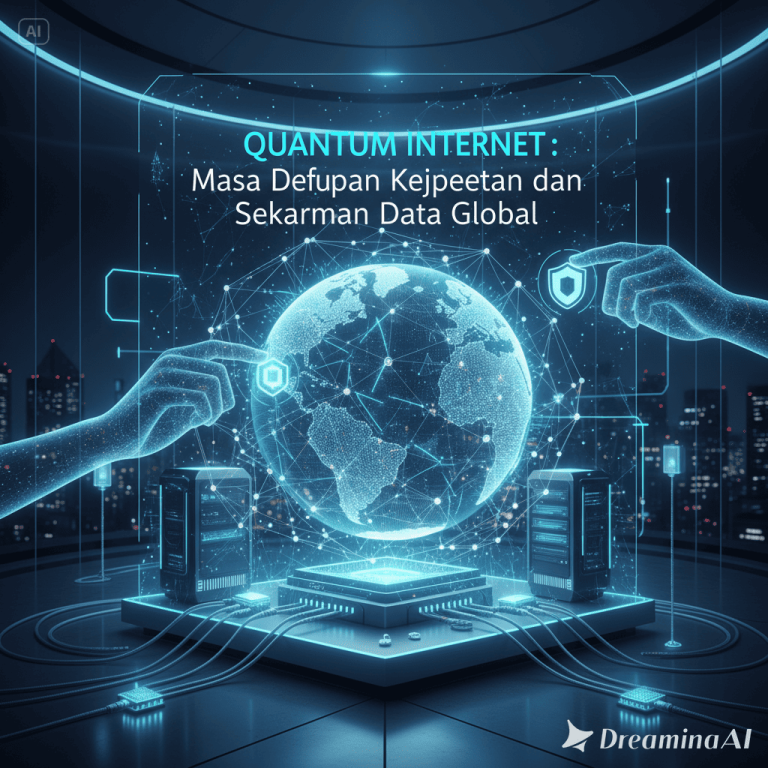 Ilustrasi jaringan quantum internet global dengan koneksi data berbasis qubit dan keamanan digital.